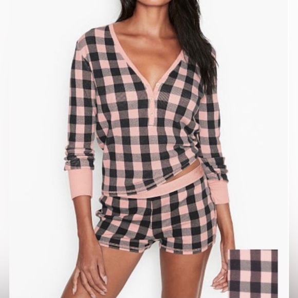 Victoria's Secret Other - Victoria’s Secret Thermal Checkered Buffalo Plaid Henley Top & Bottom Shorts Set